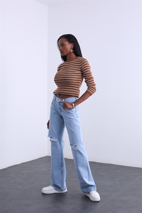 Mavi Yüksek Bel Yırtıklı Wide Leg Jean 81