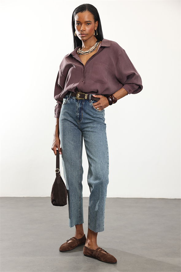 Mürdüm Cepli Oversize Gömlek 58454