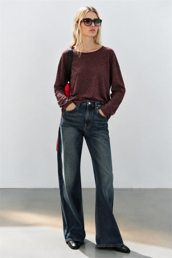 Mürdüm Kendinden Dokulu Oversize Bluz 27377
