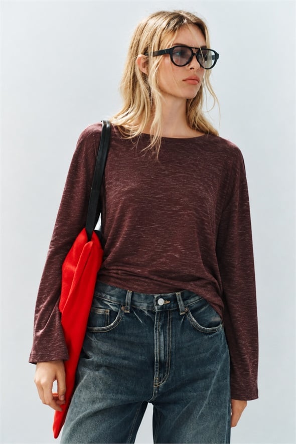 Mürdüm Kendinden Dokulu Oversize Bluz 27377