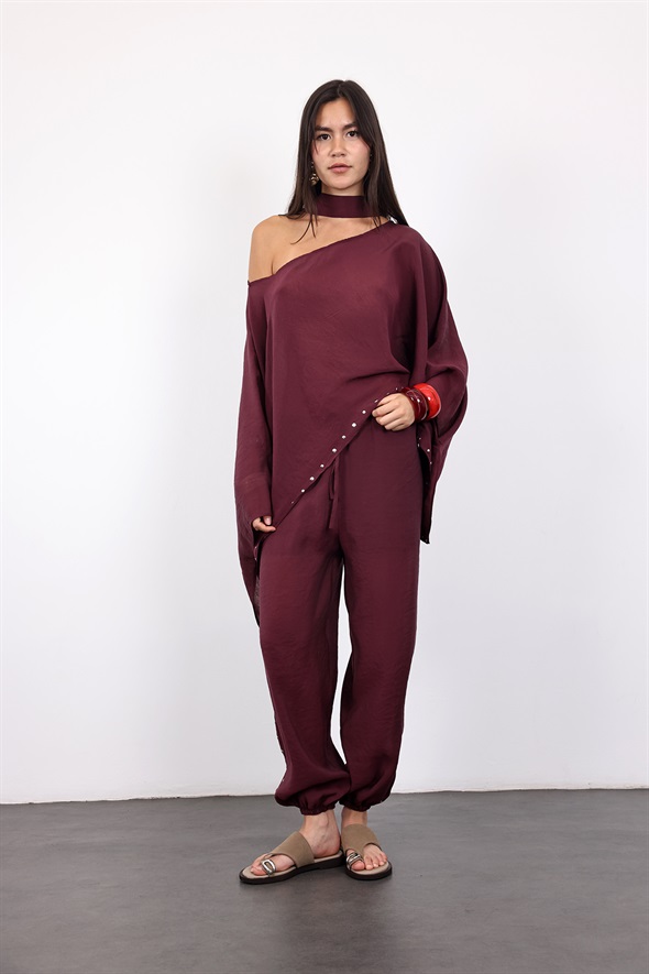 Mürdüm Taşlı Pelerin Bluz Pantolon Takım 