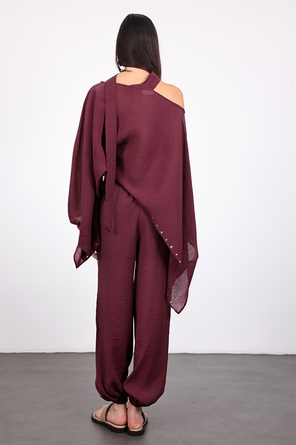 Mürdüm Taşlı Pelerin Bluz Pantolon Takım 