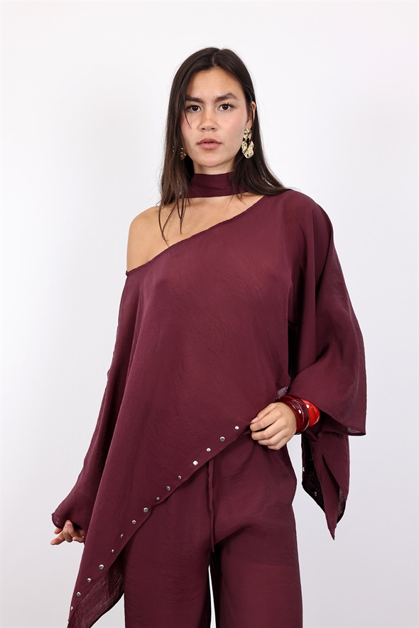 Mürdüm Taşlı Pelerin Bluz Pantolon Takım 