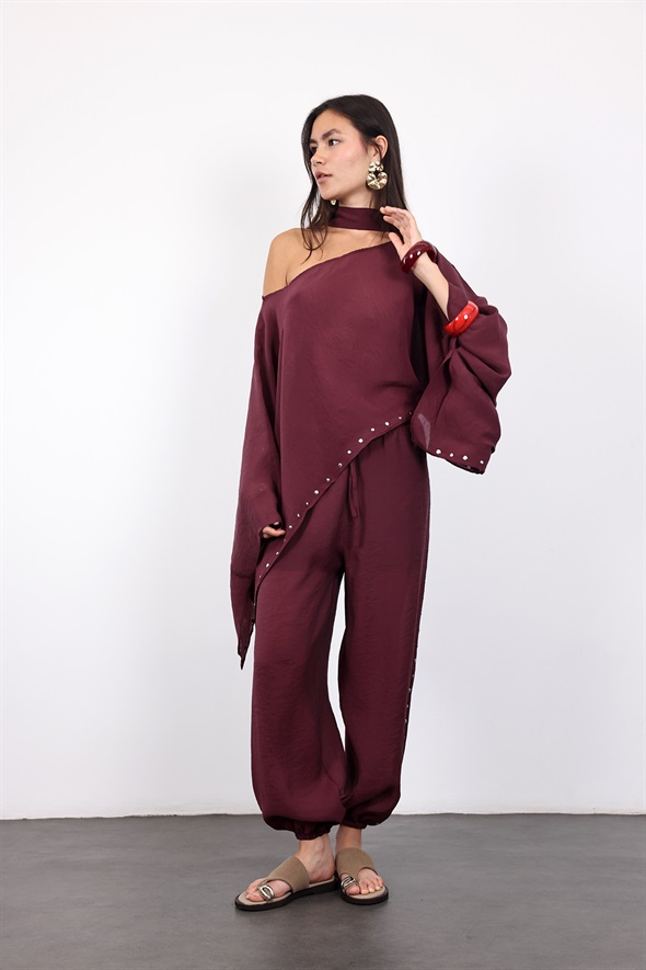 Mürdüm Taşlı Pelerin Bluz Pantolon Takım 