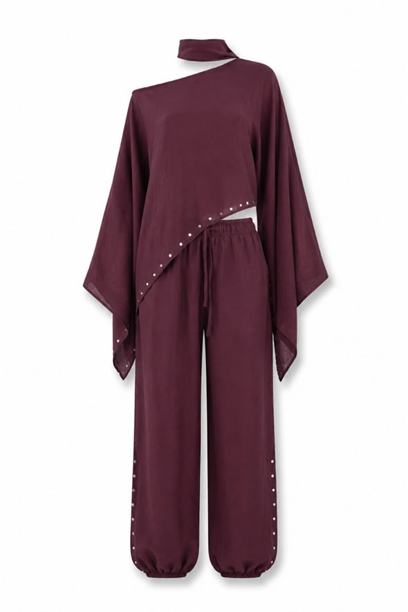 Mürdüm Taşlı Pelerin Bluz Pantolon Takım 