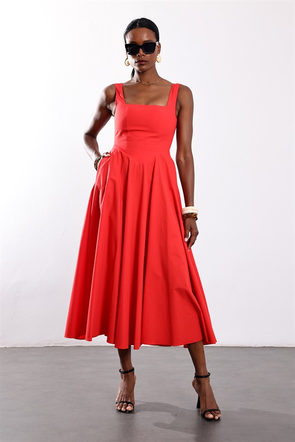 Nar Çiçeği Kare Yaka Poplin Midi Elbise 12459