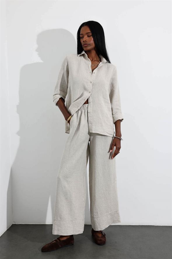 Naturel %100 Keten Beli Lastikli Pantolon 