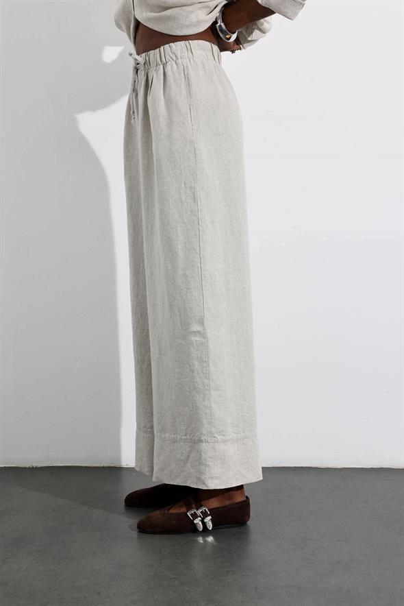 Naturel %100 Keten Beli Lastikli Pantolon 