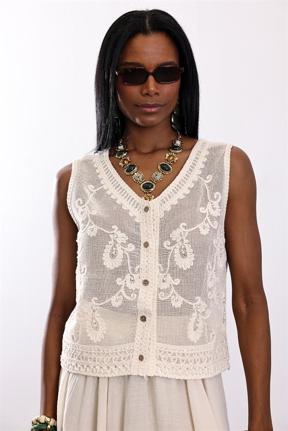 Naturel Boncuk İşlemeli Fisto Yelek 39752