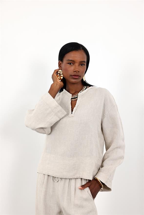 Naturel Hakim Yaka Keten Gömlek 