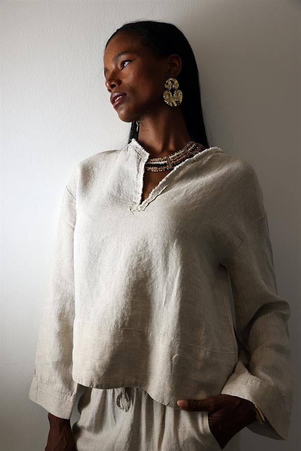 Naturel Hakim Yaka Keten Gömlek 