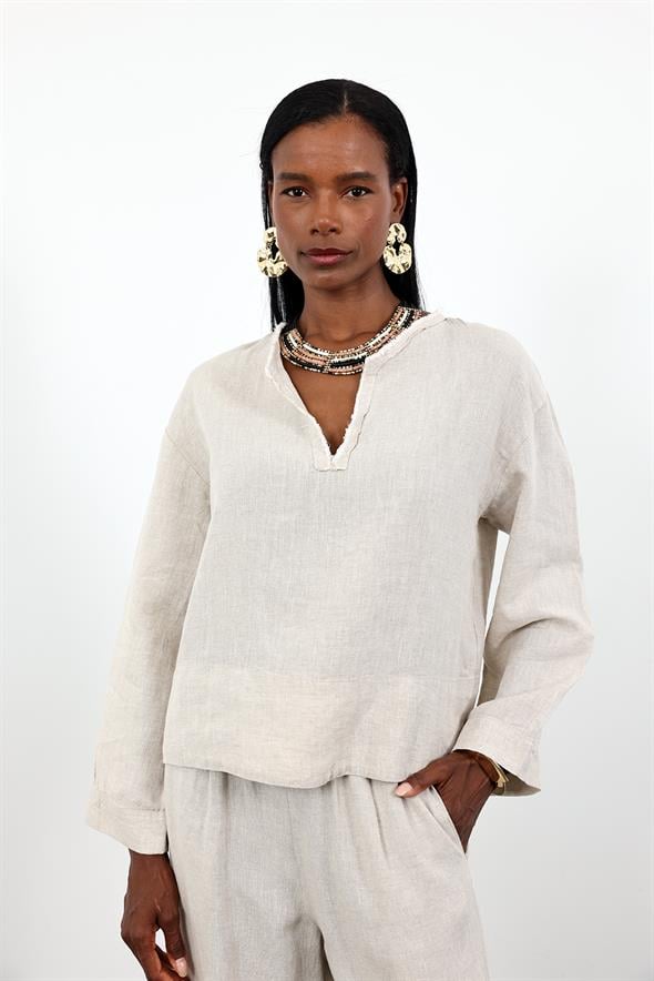 Naturel Hakim Yaka Keten Gömlek 