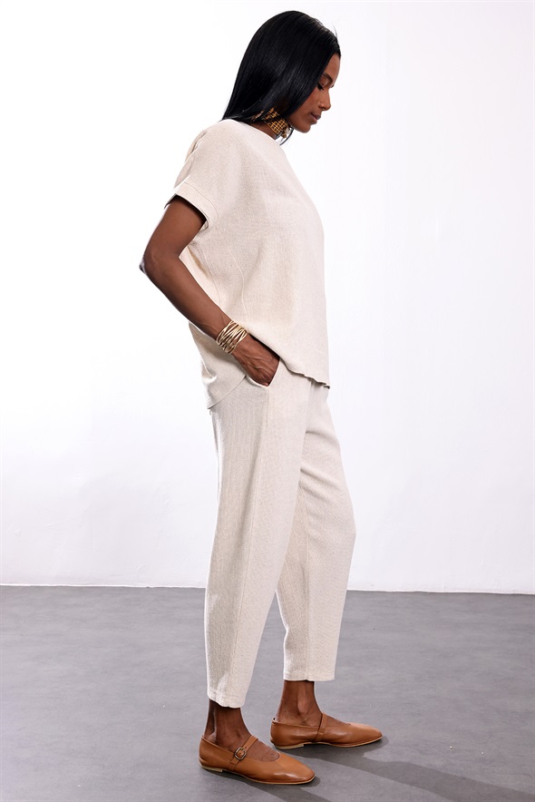 Naturel Keten Bluz Pantolon Takım 0001