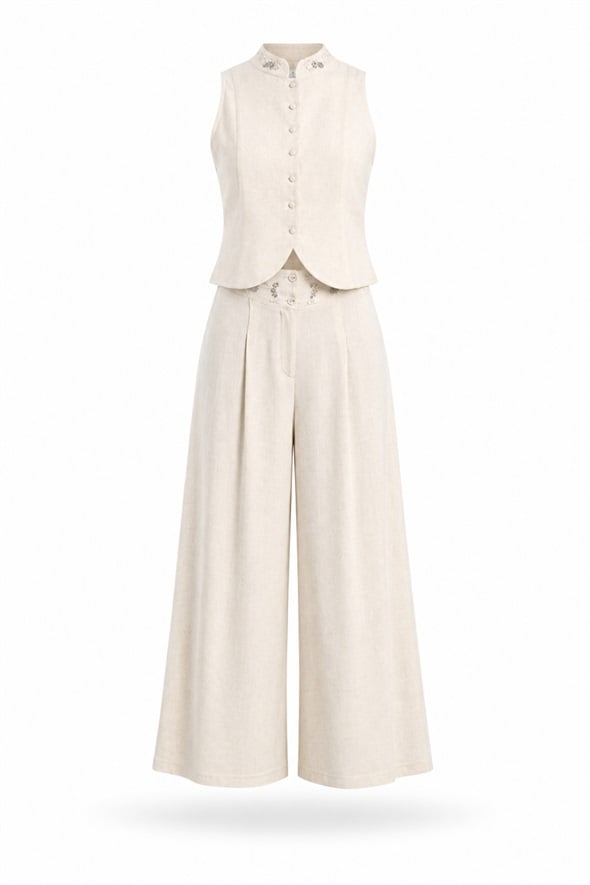Naturel Taş İşlemeli Yelek Pantolon Takım 39704