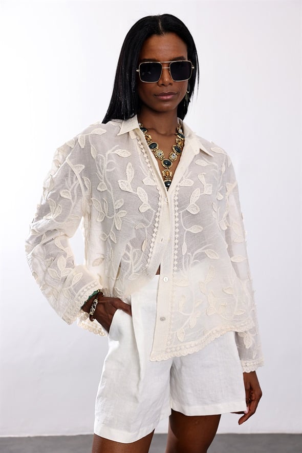 Naturel Yaprak Desenli Gömlek 39719