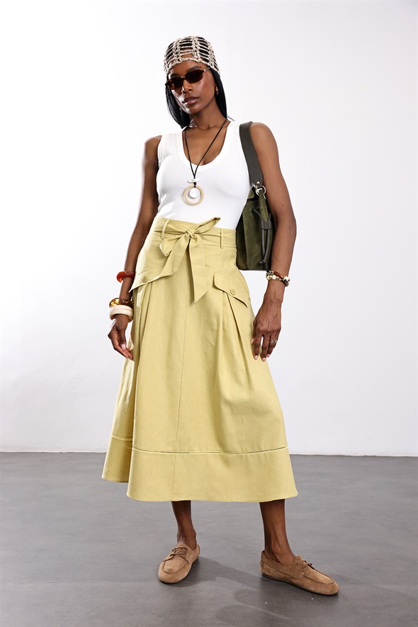 Olive Kemerli Midi Etek 2026