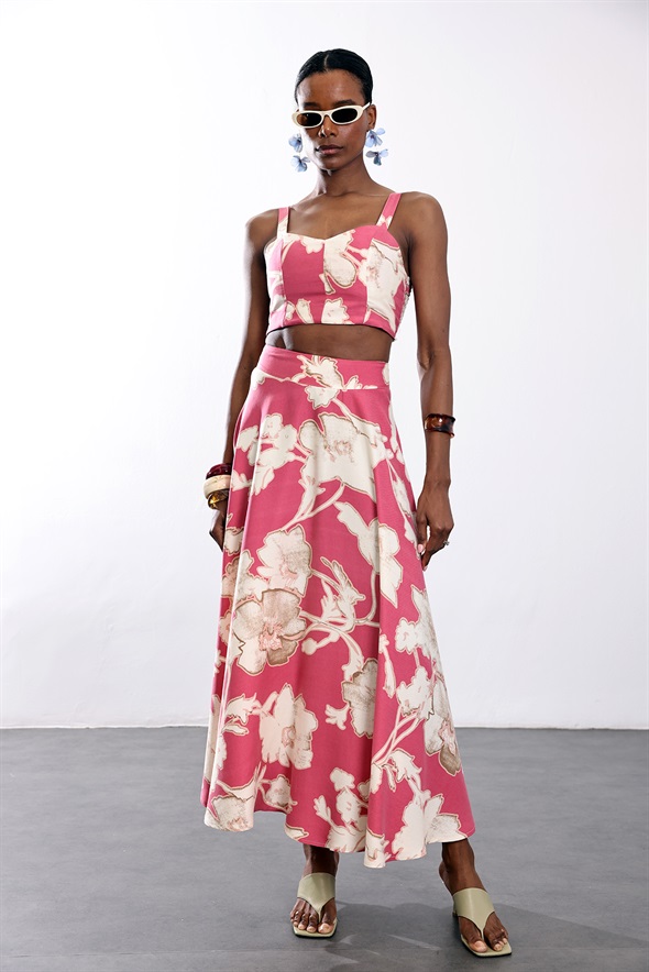 Pembe Çiçek Desenli Etek Takım 00532