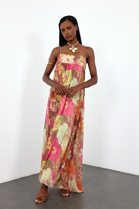 Pembe Çiçek Desenli Şifon Elbise 36509