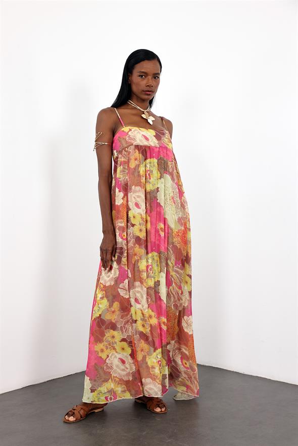 Pembe Çiçek Desenli Şifon Elbise 36509