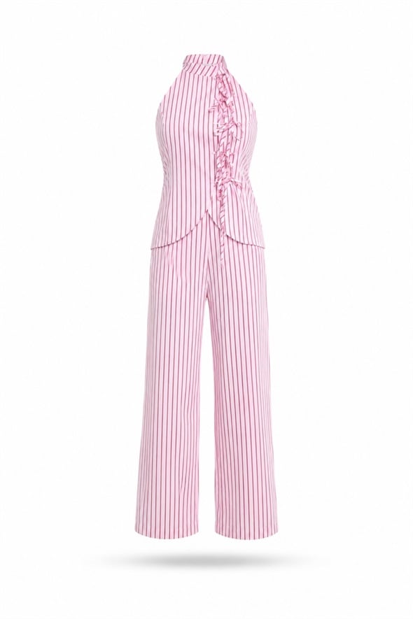 Pembe Çizgili Yelek Pantolon Takım 