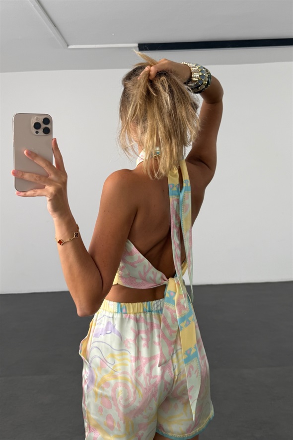 Pembe Desenli Halter Yaka Bluz Şort Takım 5663