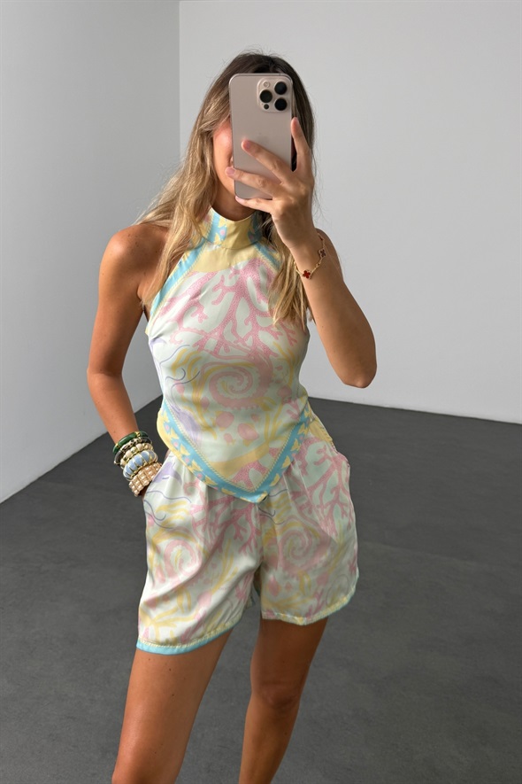 Pembe Desenli Halter Yaka Bluz Şort Takım 5663