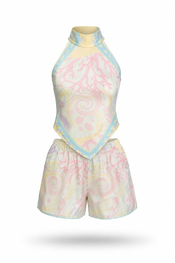 Pembe Desenli Halter Yaka Bluz Şort Takım 5663