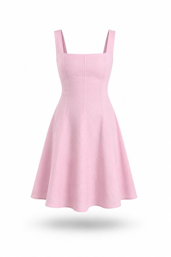 Pembe Kare Yaka Mini Elbise 05226