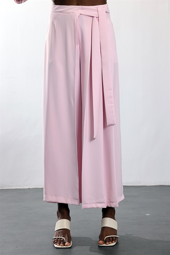Pembe Kendinden Kuşaklı Pileli Pantolon 8359