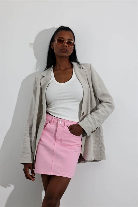 Pembe Mini Denim Etek 