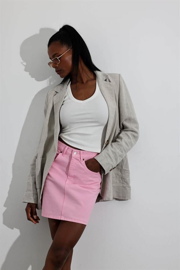 Pembe Mini Denim Etek 