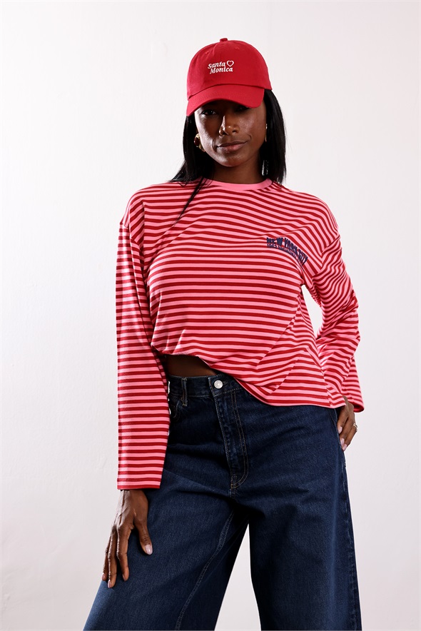 Pembe New York City Baskılı Çizgili İnce Sweatshirt 4619