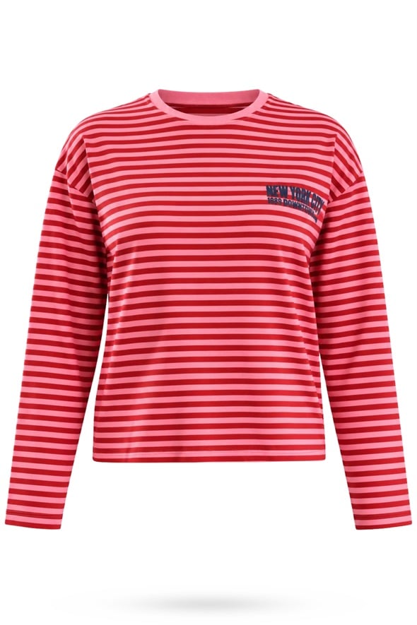 Pembe New York City Baskılı Çizgili İnce Sweatshirt 4619