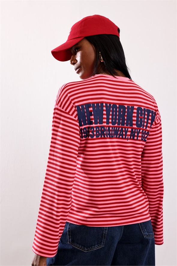 Pembe New York City Baskılı Çizgili İnce Sweatshirt 4619