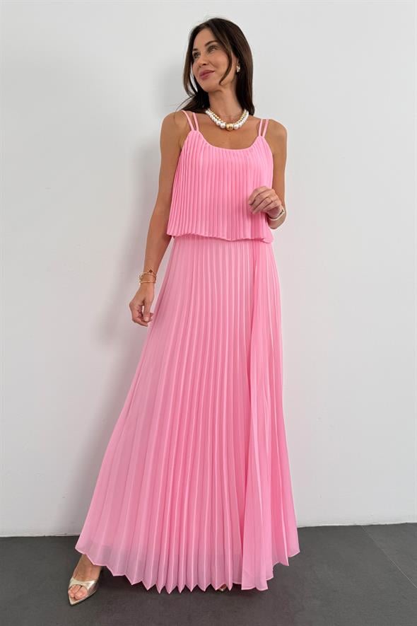 Pembe Piliseli Şifon Elbise 00778