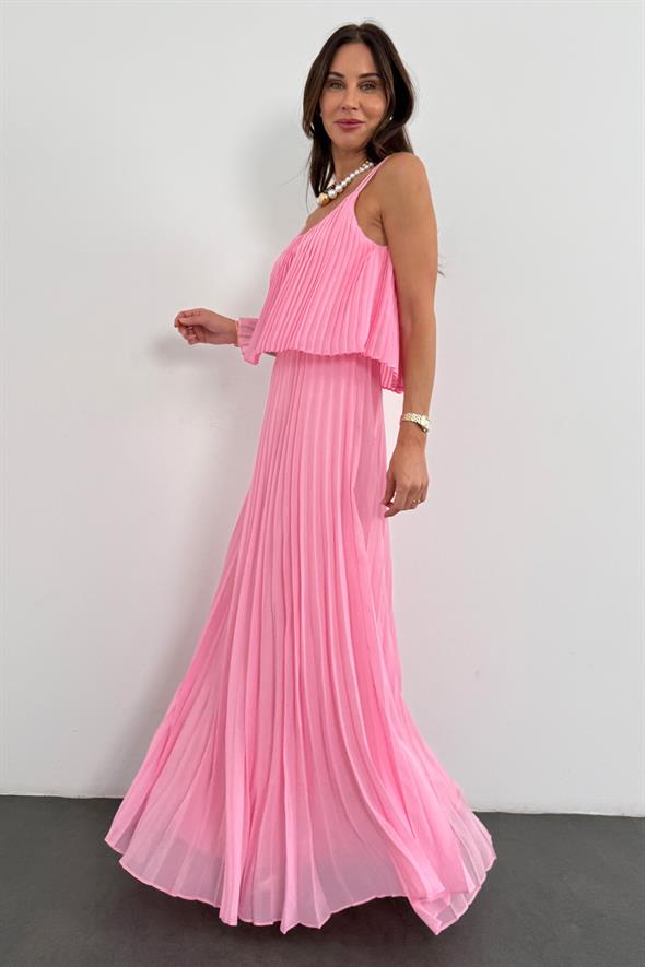 Pembe Piliseli Şifon Elbise 00778