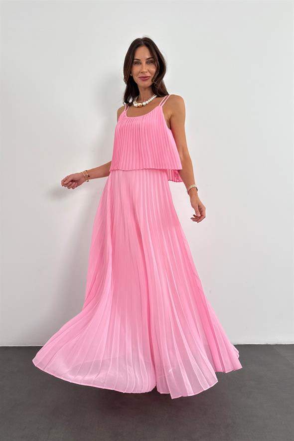 Pembe Piliseli Şifon Elbise 00778