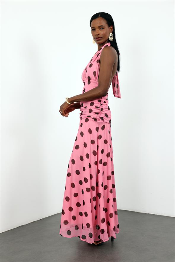 Pembe Puantiyeli Boyundan Bağlamalı Şifon Elbise 