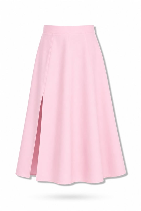Pembe Yırtmaçlı Volanlı Midi Etek 