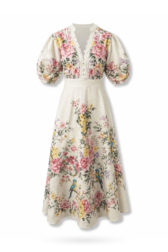 Pudra Brit Düğmeli Maxi Elbise 