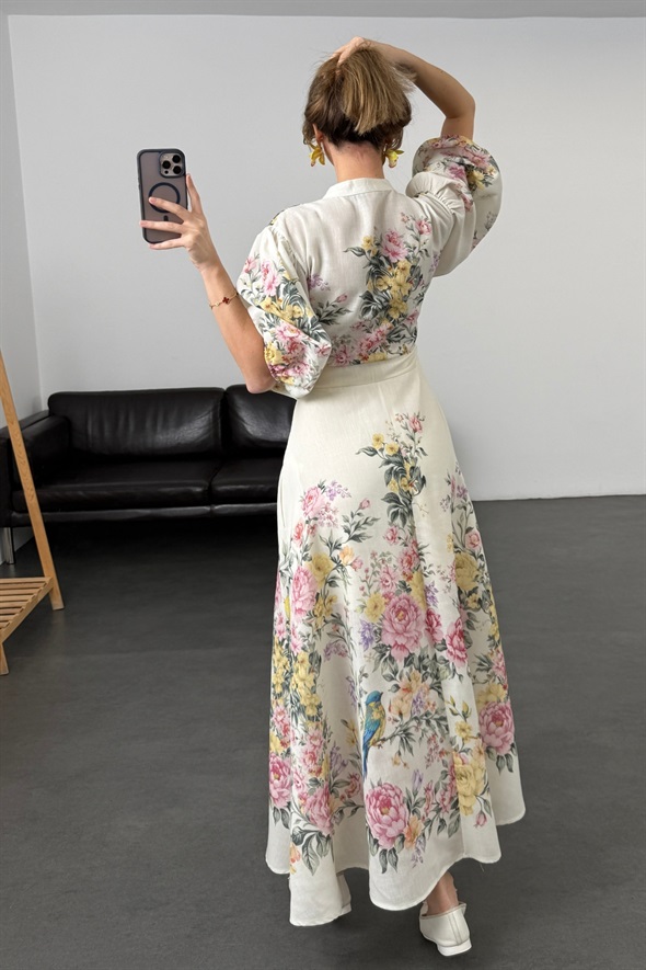 Pudra Brit Düğmeli Maxi Elbise 