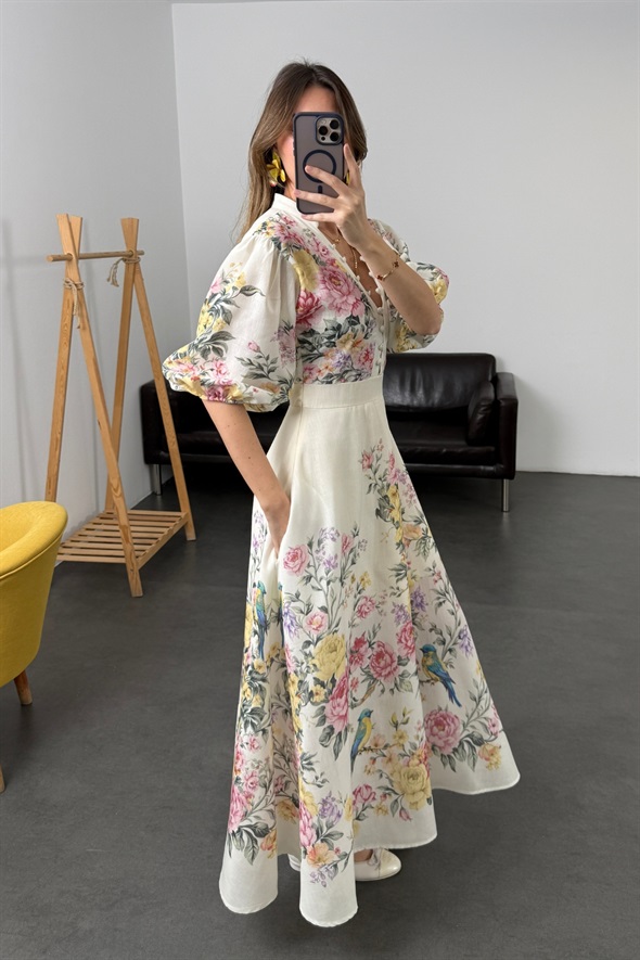 Pudra Brit Düğmeli Maxi Elbise 