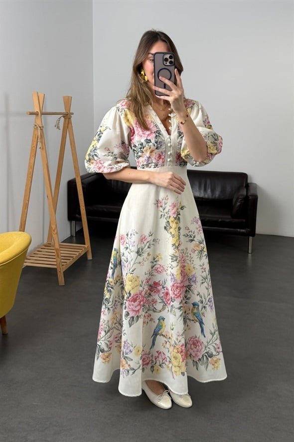 Pudra Brit Düğmeli Maxi Elbise 