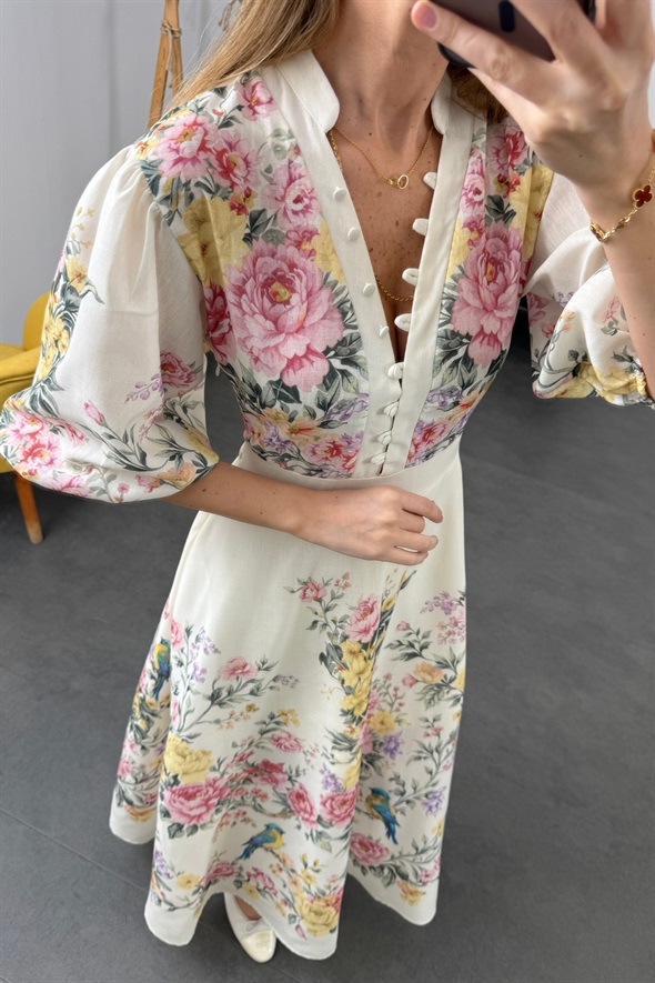 Pudra Brit Düğmeli Maxi Elbise 