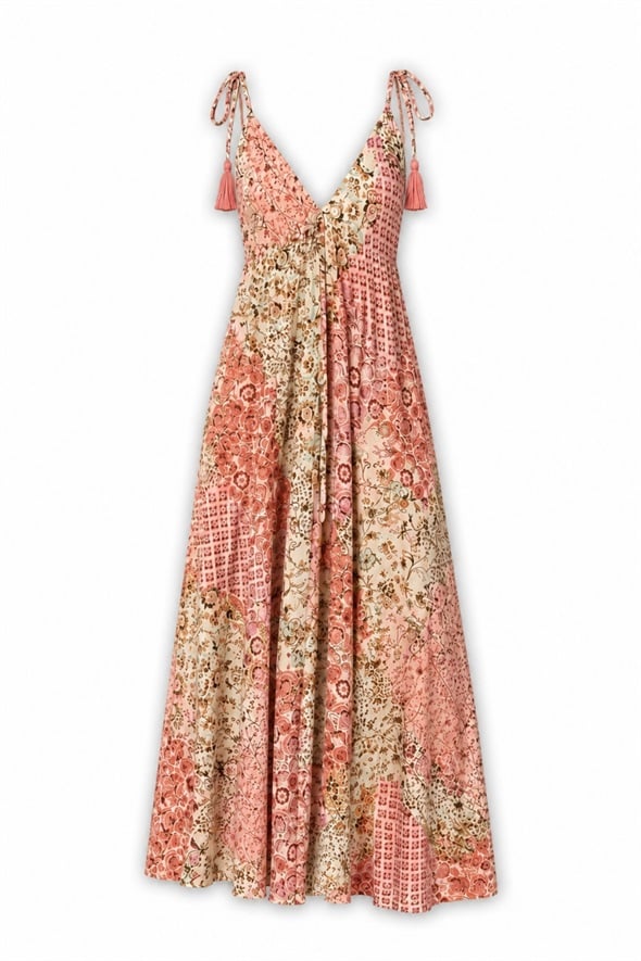 Pudra Çiçek Desenli Maxi Elbise 