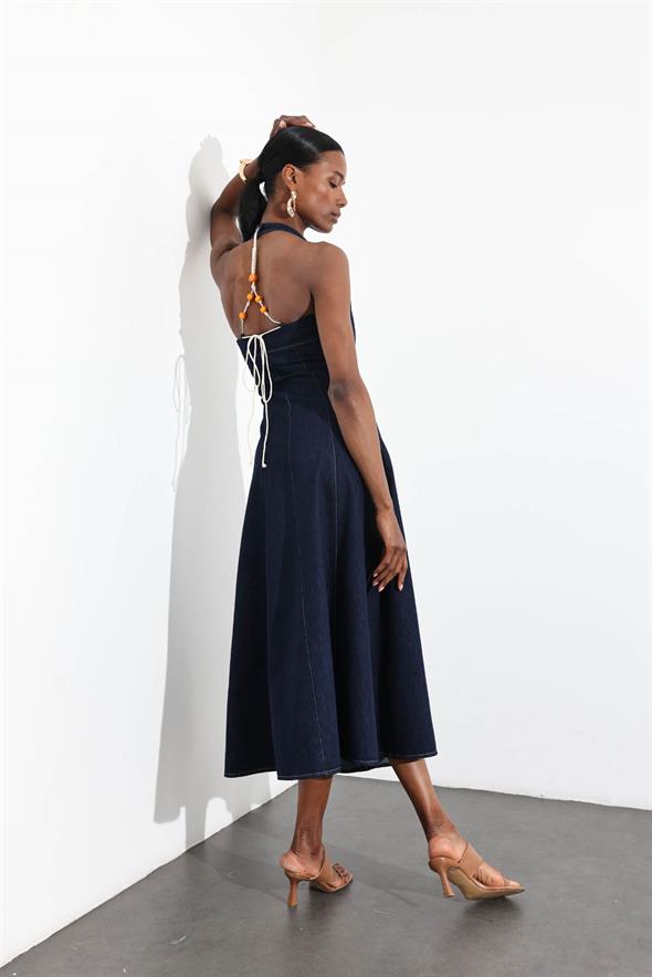 Rins Yıkamalı İpli Boyundan Askılı Denim Elbise 