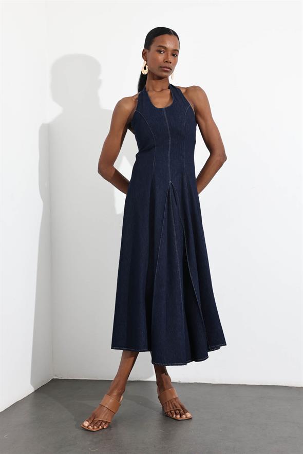 Rins Yıkamalı İpli Boyundan Askılı Denim Elbise 
