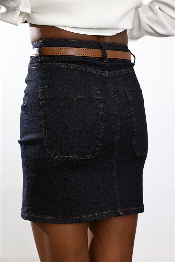 Rins Yıkamalı Kemerli Denim Etek 202