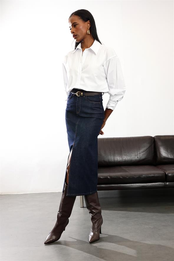 Rins Yıkamalı Midi Boy Denim Etek 761