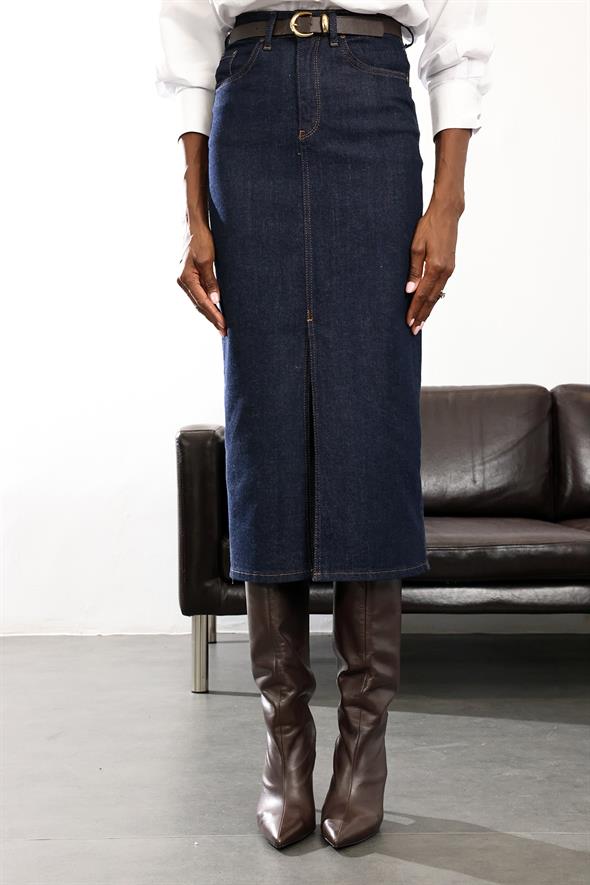 Rins Yıkamalı Midi Boy Denim Etek 761